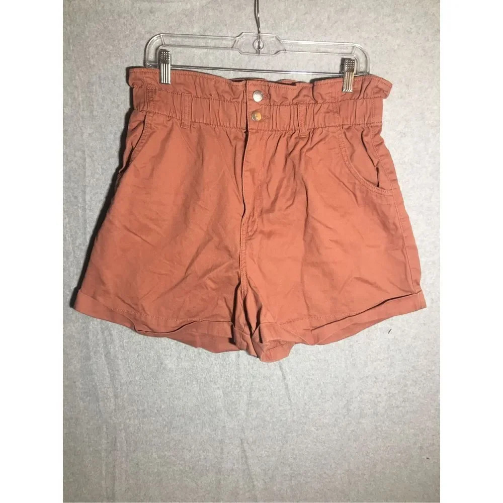 Womens H&M Shorts Paper Bag Waist Flattering Rust Orange Summer Spring